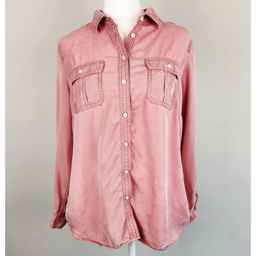 Talbots Button Up Blouse Women's Large Petite Dusty Pink Roll Tab Sleeve Pockets